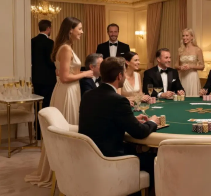 Ambiance luxueuse de soirée inspirée de l'univers poker avec invités échangeant autour d'une table élégante
