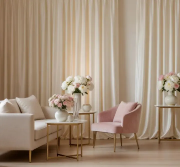 Décor premium avec mobilier raffiné et couleurs rose poudré, crème et or subtil.