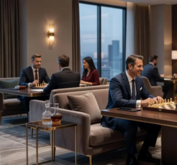 Événement corporate prestige avec invités autour de tables de jeux élégantes