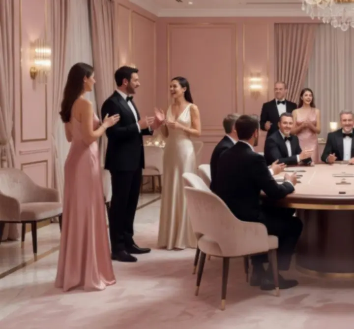 Ambiance de soirée élégante avec table de poker chic et invités en pleine conversation