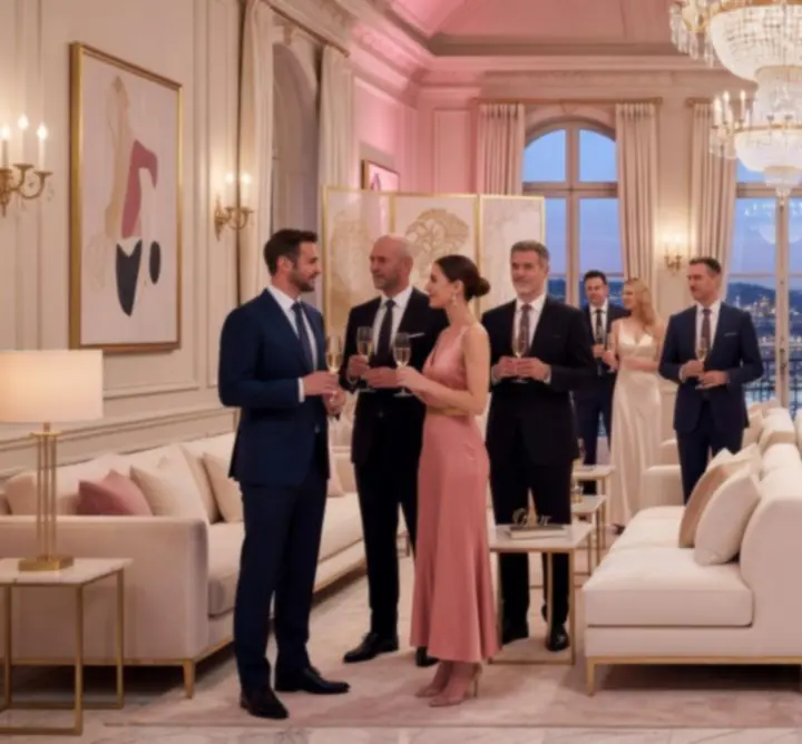 Scène de soirée luxueuse avec invités, éclairage chaleureux et décor premium