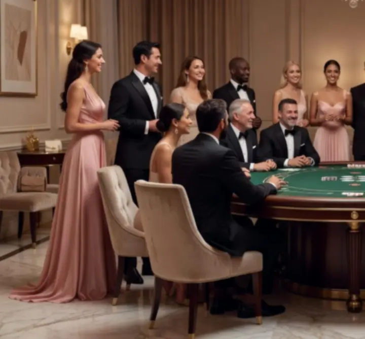 Ambiance de soirée poker chic avec invités autour d’une table élégante