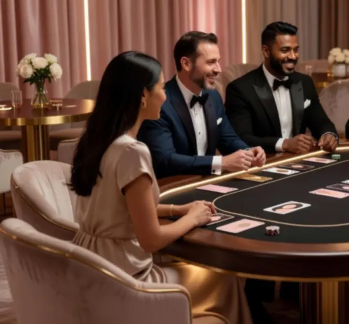 Table de poker élégante mise en scène avec jetons décoratifs et cartes dans une ambiance lumineuse raffinée