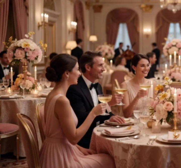 Soirée élégante avec ambiance champagne et éclairages doux.