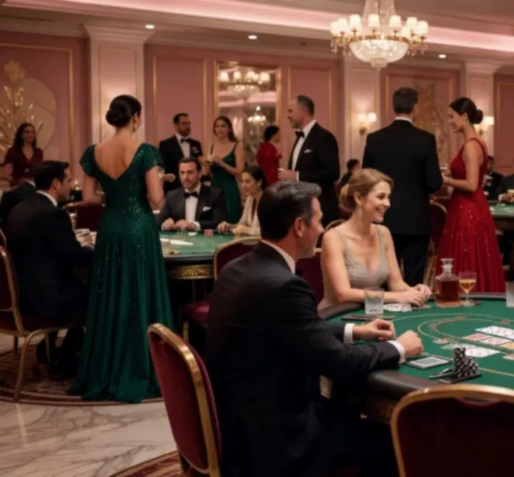 Ambiance de soirée thématique élégante avec table de poker et invités souriants