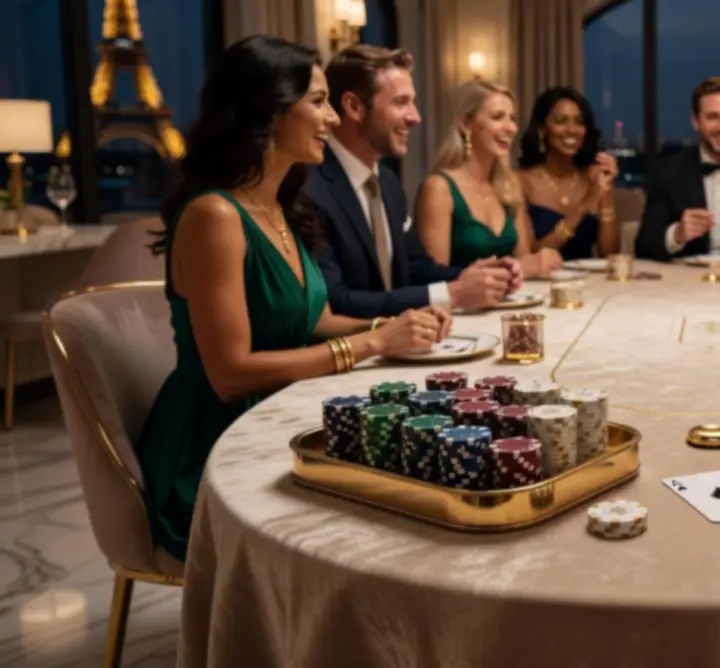 Table de poker élégante aux tons rose poudré et or subtil, prête pour une expérience conviviale.